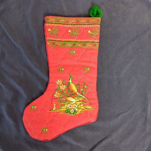 Vintage Quilted Christmas Stocking Rabbits Pheasants Holly Bells Velvet Back - Picture 2 of 7
